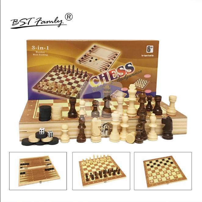 3 in 1 Wooden Chess Board (Chess Checkers Backgammon)