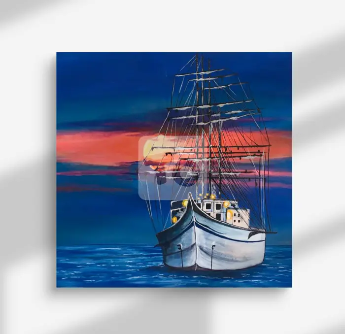 A Sailing Ship in Evening Sky Fabric canvas draw painting