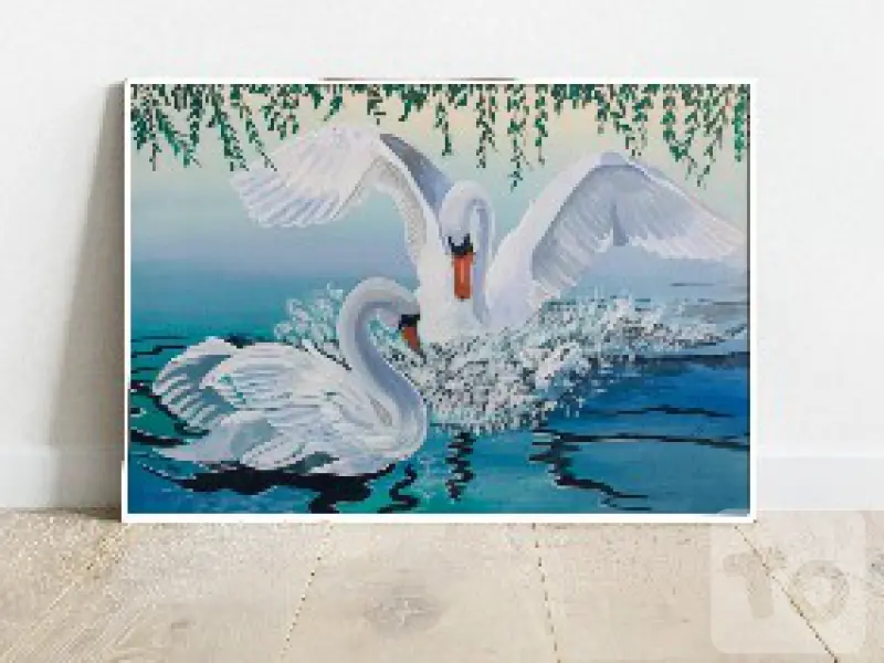Two white Swan birds on a pond together Fabric canvas draw painting